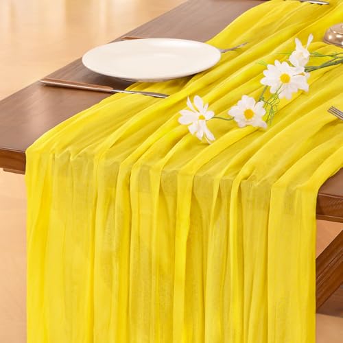 Image of Socomi 2pcs Yellow Spring Cheesecloth Table Runner Boho Rustic Gauze 120 inch 10FT Cheese Cloth Runner for Wedding Party Baby Shower Birthday Home Decor