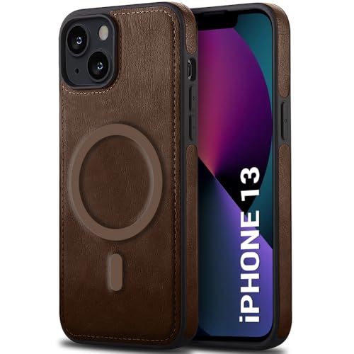 Image of TheGiftKart Genuine Leather Finish Back Cover Case for iPhone 13 | Shockproof Design | Raised Edges for Camera & Screen Protection | Stunning Minimalist Design Case Cover (MagSafe Compatible, Brown)