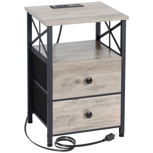 AMHANCIBLE Nightstand with Charging Station, End Tables Living Room with Drawer, Small Bedside Table with USB Ports and Outlets for Small Spaces Bedroom, Greige HET05XGY1