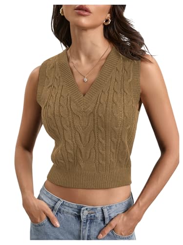 Image of Milumia Women's Cable Knit V Neck Sweater Vest Sleeveless Ribbed Crop Tank Top