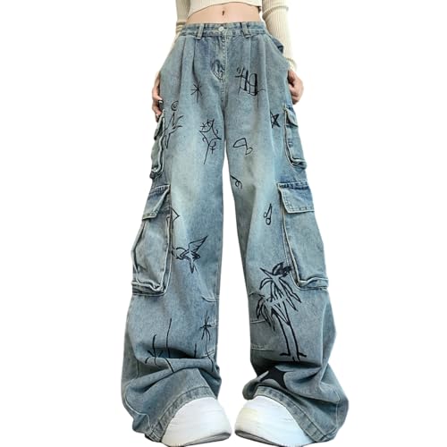 Y2K Fashion Straight High Waisted Wide Leg Jeans Casual Gradual Graffiti Patchwork Baggy Denim Pants