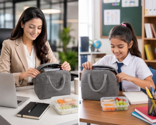 Image of Milton Reusable Lunch Bag Set of 2 with Thermal Lining, Large Capacity Food Carrier for Office School Travel Picnic and Outdoor Activities, (Grey,Grey