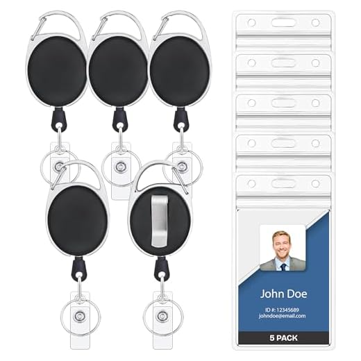 5 Pack Heavy Duty Retractable Badge Holders with Carabiner Reel Clip and Vertical Style Clear ID Card Holders, 24 inches Thick Kevlar Pull Cord