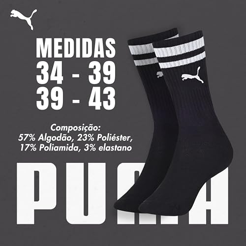 PUMA Kit 3 Pares Meia Cano Longo Heritage Esportiva Sola Atoalhada Algodão Adulto, 1 Branca - 2 Pret