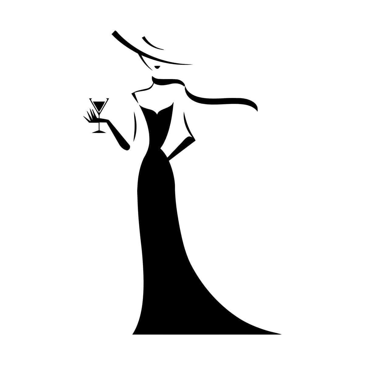 Goozan Black Lady Woman Gown Silhouette Hat With Glass Of Wine Fine Carving Stickers 64X98cm Easy Installation