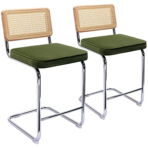 Flouki Counter Stools Set Of 2, Stool Bar Chair 24", Metal Base Armless Barstool Chair With Hand-Woven Rattan Back, Modern Style Velvet Chair Bar, For Bar, Kitchens, Dining Areas And Living Rooms #TOP4