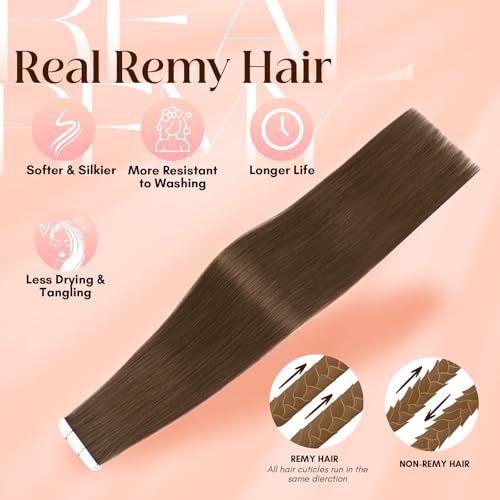 Image of Elailite Tape in Hair Extensions Human Hair Thick Real Remy Hairpieces Medium Brown 18 Inch 50g 20pcs Straight Invisible Seamless Skin Weft Best Tape for Women