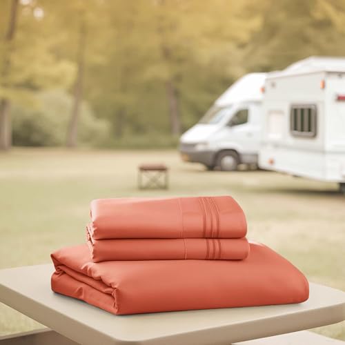 Image of Nestl Orange Short Queen Sheets for RV, Hotel Luxury RV Queen Sheets Set, 4 Piece Fitted Bed Sheet Set and Pillowcases, Super Soft, Wrinkle-Free, and Breathable Camper Bedding