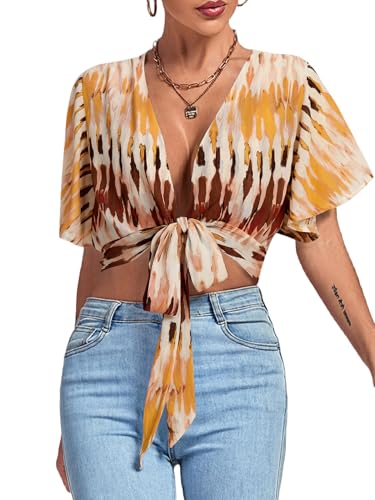 Image of LYANER Women's Sexy Deep V Neck Tie Front Wrap Cropped Blouse Bell Short Sleeve Ruffle Crop Tops