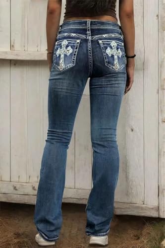 Flamingals Embroidered Bootcut Jeans for Women Mid Rise Stretchy Criss Cross Graphic Curvy Bell Bottom Jeans2