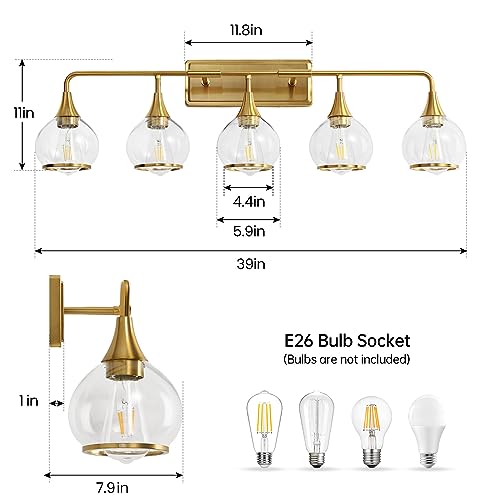 Image of Gold Bathroom Vanity Light 5-Lights Bathroom Light Fixtures Over Mirror with Clear Glass Shade 39.2 inch Wall Sconce Lighting Bath(Exclude E26 Bulb)