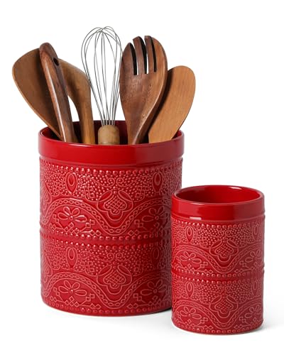 Image of FUN ELEMENTS Kitchen Utensil Holder, 7.2+5.5 inch Super Large Utensil Crock Heavy and Stable Lace Emboss Ceramic Utensil Holder for Kitchen Counter (2Pcs Christmas Red)