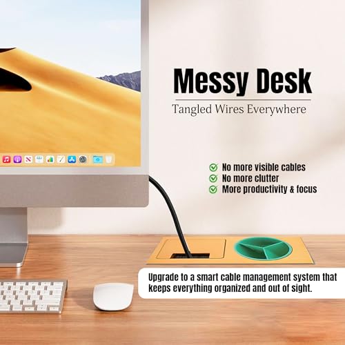Image of Aluminum Alloy Desk Grommet - Rectangular Metal Cable Wire Hole Cover With Flip Lid & 3-Slot Multifunctional Cup For Computer Table & Furniture - Cord Organizer (200mm*90mm, Golden)