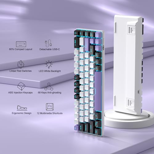 Image of MageGee Portable 60% Mechanical Gaming Keyboard, MK-Box LED Backlit Compact 68 Keys Mini Wired Office Keyboard with Red Switch for Windows Laptop PC Mac - White /Purple