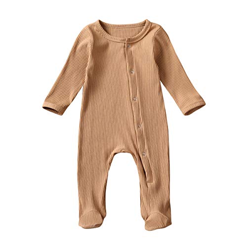 Baby Sleep N Play Cotton Footie Newborn Sleepers One Piece Footed Button Snap Romper (Khaki, 3-6 Months)