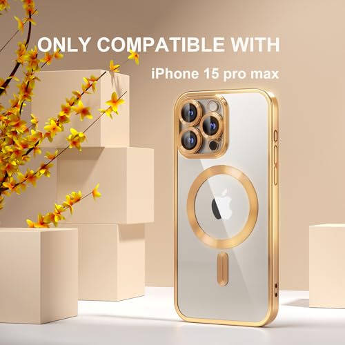 Image of Misea Magnetic for iPhone 15 Pro Max Case Compatible with MagSafe Gold | [Never Yellowing] [Military Drop Protection] Full Camera Lens Protector Plating Soft Clear Phone Case for Women, Gold