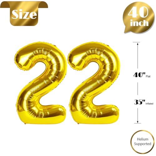 Image of Gold Number 22 Balloon 40 inch, 22 Number Balloons, 22nd Gold Birthday Decorations, 22 Year Old Women Men Golden Party Supplies