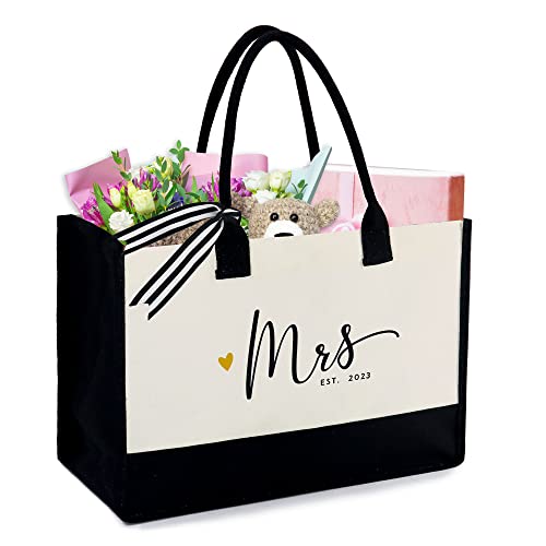 BeeGreen 13oz Canvas Tote Bag Embroidered with Internal Pocket Personalized Gifts for Engagement Wedding Anniversary Friends Birthday Honeymoon Gifts for Bachelorette Party Bridal Shower Gift, Black