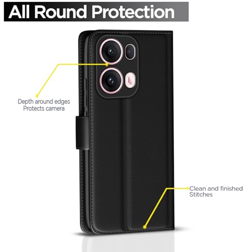 Image of Pikkme Flip Cover Leather Finish | Inside TPU with Card Pockets | Wallet Stand and Shock Proof | Complete Protection Button Flip Case for Oppo Reno 13 Pro 5G(Black)