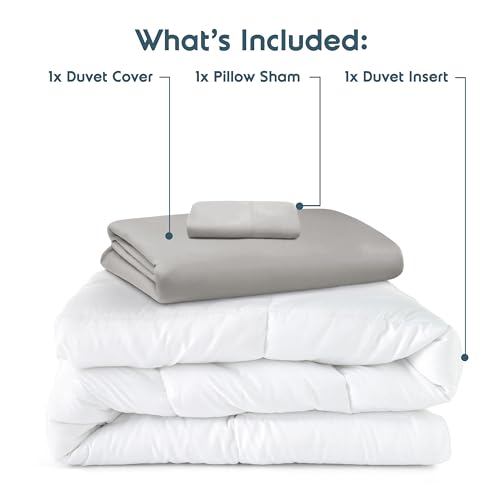 Nestl Twin Duvet Cover Set with Comforter Insert - Light Grey 3 Piece 68x90 Duvet Cover & 1 Pillow Sham with White Quilted Down Alternative Comforter, Ultra Soft, All Season