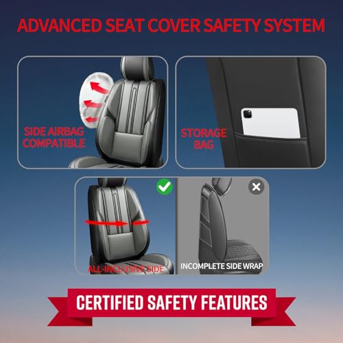 Image of Fit Sierra Car Seat Covers (Only Front 2 Seats) Compatible with GMC Sierra 1500 /2500 /3500 2000-2026-Full Coverage Breathable Leather,Airbag Compatible,Waterproof & All-Weather,Black-Grey