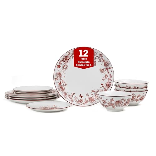 Stone Lain Esme 12-Piece Dinnerware Set Porcelain, Plates and Bowls Set, Dish Set for 4, Microwave and Dishwasher Safe, Red