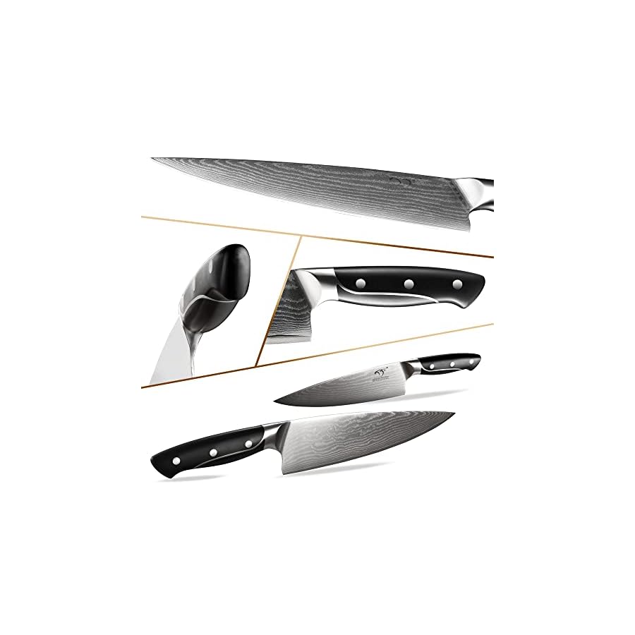 Damascus Kitchen Knife Sets, 9 Pieces Kitchen Knives Set with Block, ABS Ergonomic Handle for Chef Knife Set, Knife Sharpener and Kitchen Shears, Knife Block Set