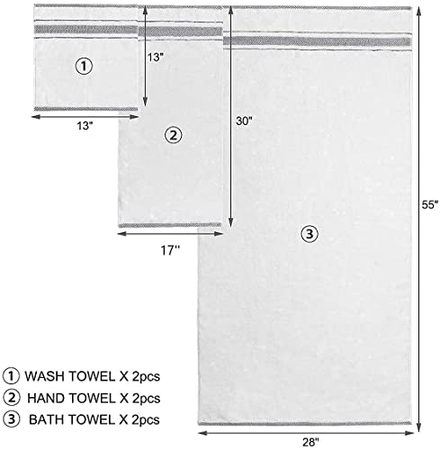 Hestia _6 Piece Luxury White Bath Towels Set, 100% Turkish Cotton, Highly Absorbent, Super Soft & Decorative, Large Towels For Bathroom, (2 Bath & 2 Hand Towels & 2 Washcloths)(White /Grey ) #TOP6