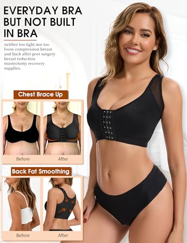 MISS MOLY Post Surgery Compression Bras For Women Front Closure Adjustable Strap Wirefree Breast Enhancement Posture Sport Bra Black L - image 2