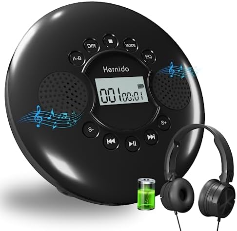CD Player Portable, Hernido Portable CD Player for Car with Stereo Speakers, Rechargeable Walkman CD Player with Headphone, AUX, USB, Anti-Skip/Shockproof Discman for Home/Traval