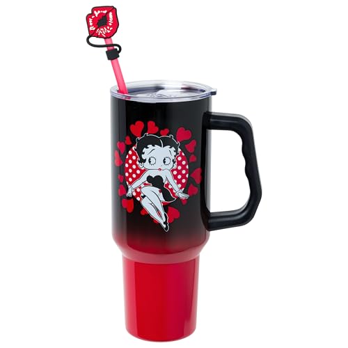 Image of Silver Buffalo Betty Boop Core Cute Sitting Pose Hearts and Dots Stainless Steel Tumbler with Straw Cover Cap, Lid, Straw and Handle - 40 oz