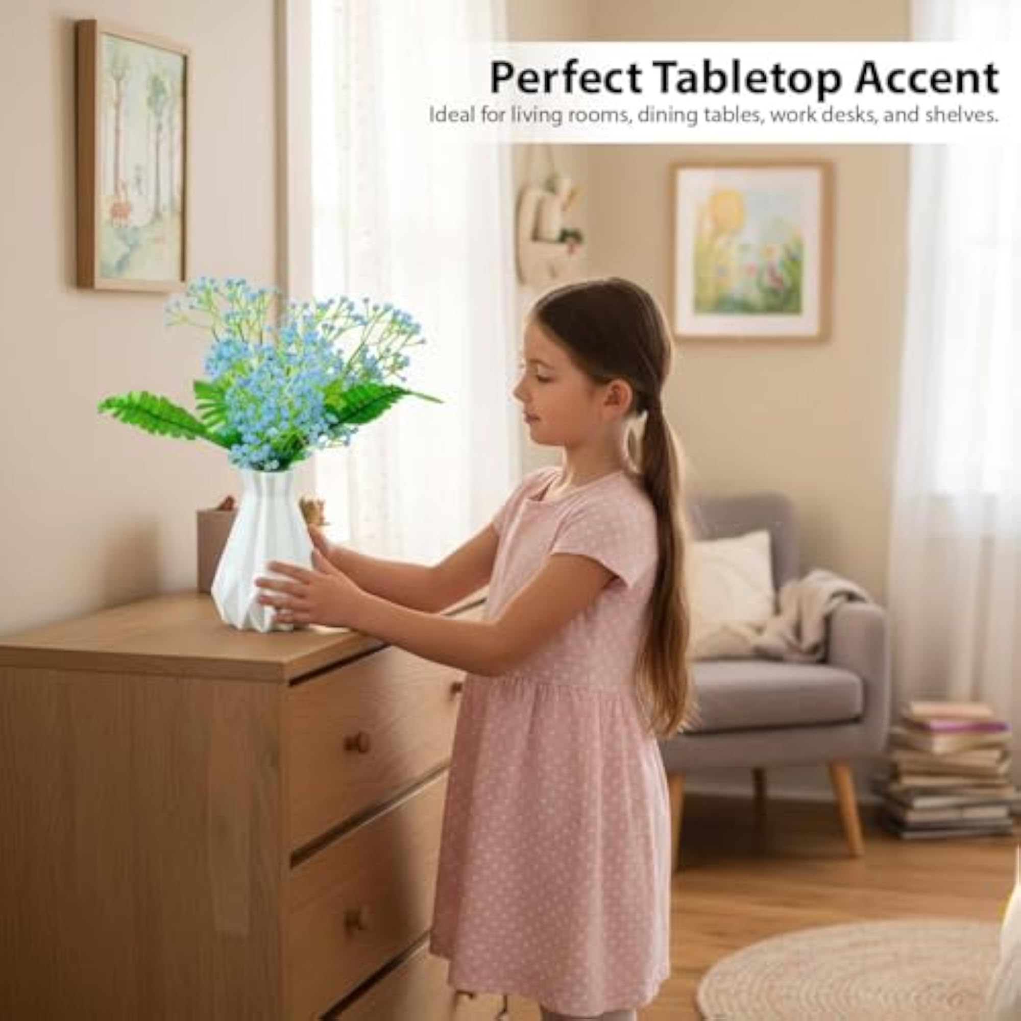 Artificial Flowers with Majesty Vase 45cm Approx, Light Blue Gypsophila