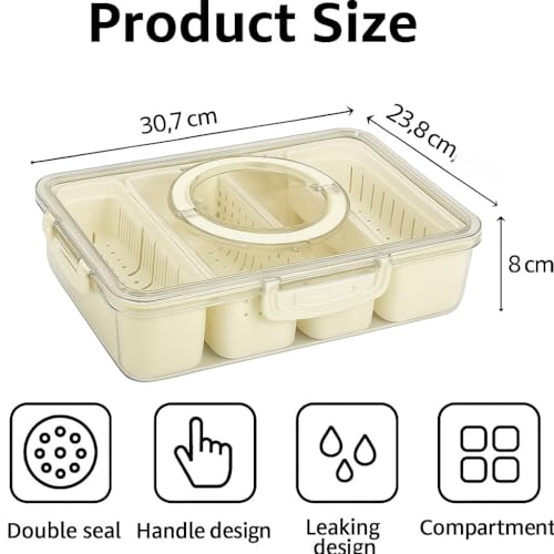 Image of VYOOx Fridge Storage Container with 4 Compartments & Lid | BPA Free Airtight Food Storage Box with Removable Divider Tray & Handle | Leak Proof Organizer for Fruits, Vegetables & Snacks (1 Pc)