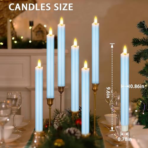 Image of KSWING Upgraded Real Wax LED Flameless Light Blue Taper Candles with Remote, 6 PCS Candlesticks Battery Operated 3D Flickering - 9.6 inch Long Realistic Fake Candle Sticks for Home /Wedding /Xmas Decor
