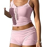 XBTCLXEBCO Women Sexy 2 Piece Pajama Set Sleeveless Lace Trim Crop Cami Top and Shorts Pj Set Y2K Sleepwear Lounge Outfits (B Lace Pink, S)