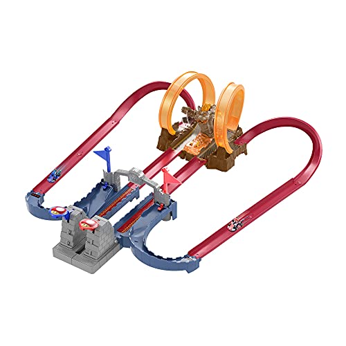 ???Hot Wheels Mario Kart Bowser’s Castle Chaos Modular Track with Side by Side Racing Lap Flags and Bowser Figure Connects to Other Sets Gift idea for Ages 3 Years and Older?