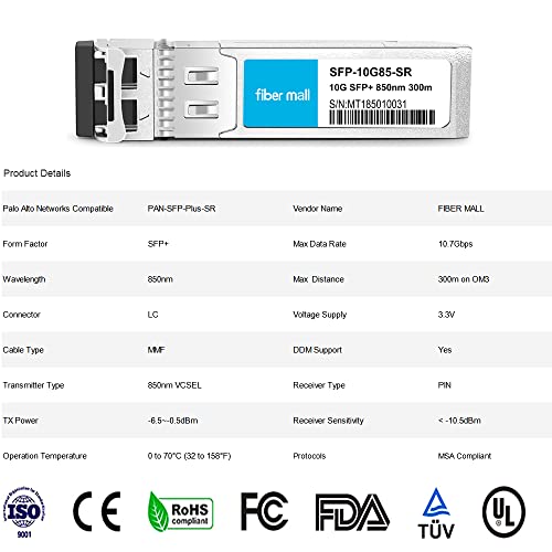 Image of fiber mall SFP 10G SR for Palo Alto Networks PAN-SFP-Plus-SR 10GBASE-SR SFP+ 850nm 300m MMF DOM Transceiver Module