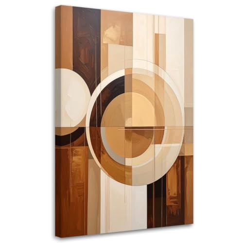 Cuadro abstracto sobre lienzo con geometría decorativa marrón y beige para salón de 50x70 cm