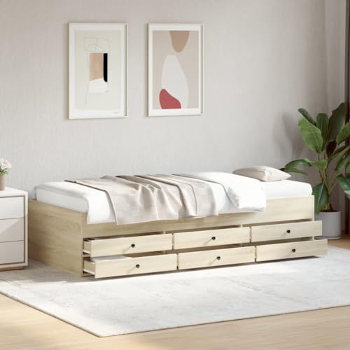 IKAYAA Cama Con 6 Cajones y Almacenaje, Sofá Cama, Somier Con Espacio de Almacenamiento, Diván 100 x 200 cm Roble Sonoma