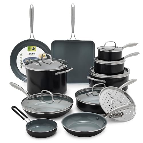 GreenPan 17 Piece Nonstick Swift Cookware Set, Ceramic PFAS-Free Pots & Pans with Lids, Dishwasher & Oven/Broiler Safe to 600F, Kitchen Cooking Set, Sauce, Saute, Stock, Griddle, Frying Pans, Gray