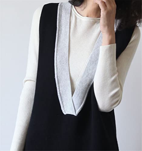 Cashmere Knitted Color Block Sweater Vest Sleeveless V-Neck Sweater Midi Dress,Black-L3