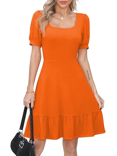Missufe Damen Sommerkleid A Linien Skaterkleid Rüschenkleid Puffärmel Kurzarm Swing Freizeitkleider (Orange, S)