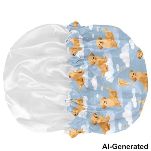 Image of Cute Dog Satin Bonnet for Kids Satin Sleep Cap Elastic Night Hat Sleeping with Adjustable Band Head Hair Cover Comfort Sleeping Beanie for Toddler Baby Boys Girls Headwear