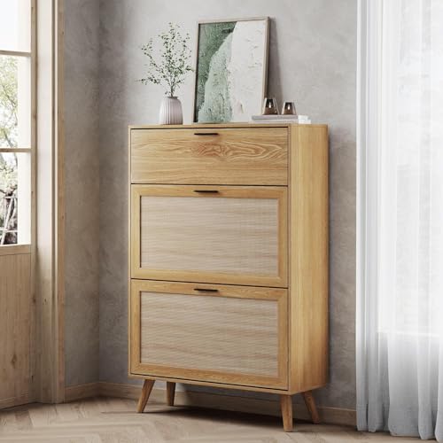 MU Natural Rattan Shoe Cabinet, Entryway Shoe Cabinet with 2 Flip Drawers and Hidden Cabinet, Boho Shoe Organizer Cabinet, Wooden Shoe Storage Cabinet for Entrance, Hallyway, Natural