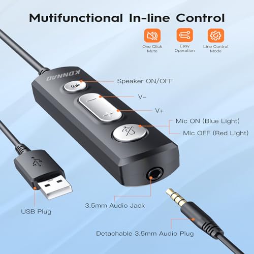 KONNAO USB Headset with Microphone, 3.5mm Wired Computer Headsets with Noise Cancelling Microphone, Stereo Headphones with MIC for PC, in Line Controls, Work Headset for Skype Zoom Tablet Laptop
