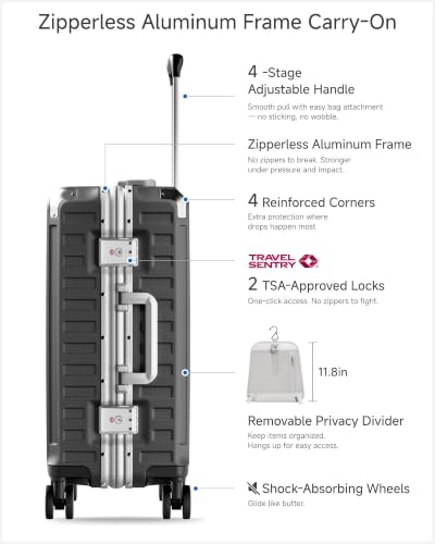 Image of LUGGEX 2-Piece 20 Inch Zipperless Carry On Luggage, Charcoal Metallic | Carry On Suitcase, Airline Approved Size, 100% PC Hard Shell, 8010S Aluminum Frame, 8 Spinner Wheels, TSA Lock, ZX-Core