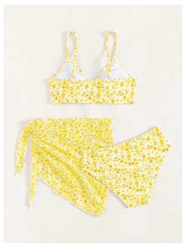 Image of OYOANGLE Girl's 3 Piece Bikini Sets Floral Print Spaghetti Straps Cute Swimsuits with Beach Skirt Bathing Suits