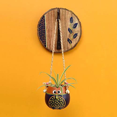 Image of AAKRITI ART CREATIONS Wall Hanging Planter with Hook | Blue & Brown Earthen Planter on Round Wooden, Modern Art, Matte Finish | Metal, Terracotta & Wood | Decorative Hanging Pot for Indoor & Outdoor
