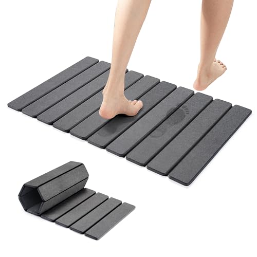 Osumlee Large Foldable Stone Bath Mat,Diatomaceous Earth with Non-Slip and Super Absorbent, Dry Mat with Quick Dry for Bathroom,Easy to Clean(23.6" Lx15.35 W,Dark Grey)