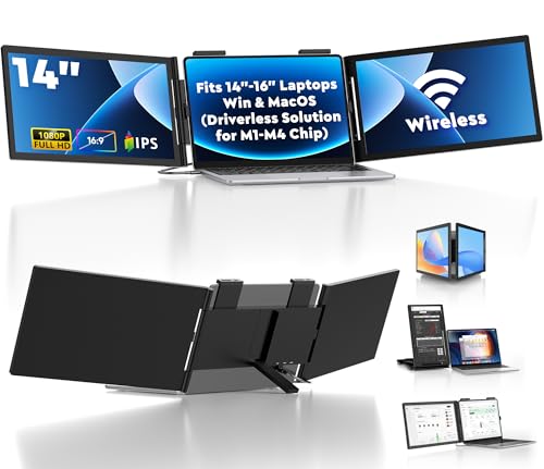 Image of Wireless Triple Portable Monitor，Laptop Screen Extender 14 inch, Wired Left Screen & Wireless Right Screen, 1080P FHD IPS Display Compatible with Mac M1 M2 M3 M4 Windows Android, Fits 14 inch-16 inch Laptops